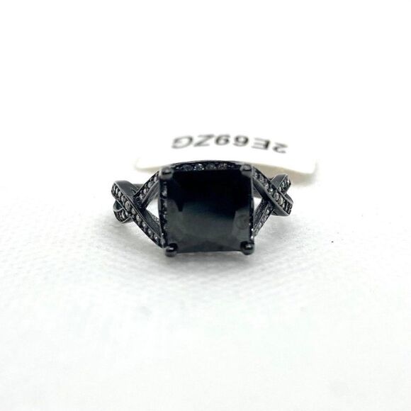 Size 7 925 Black Plated Square Cut Black Stone Ring - Picture 4 of 11